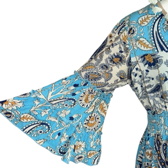 Anthropologie Me2Magic Aqua Blue Metallic Gold Floral Tassel Boho Maxi Dress - S - Picture 4 of 14